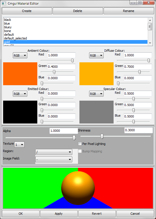 The CMGUI graphical material editor window